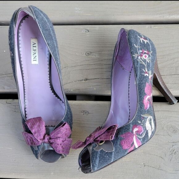 Vintage 90s y2k Floral Embroidered Pinstripe Bow Stiletto Lolita Girlie Heels - Picture 8 of 8